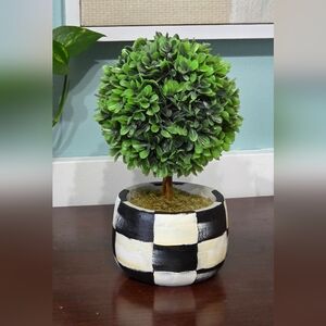 New! Small faux boxwood tree In Checked hand-painted Pot!